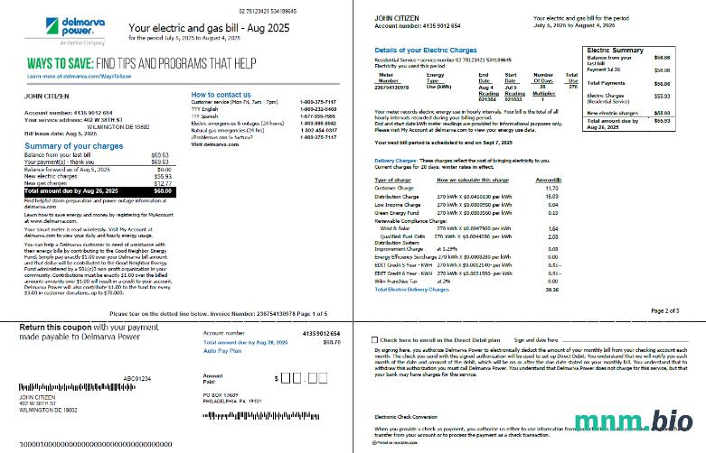 Szablon rachunku za energię elektryczną USA Delmarva w formatach Word i PDF, 5 stron, 1-2 strony